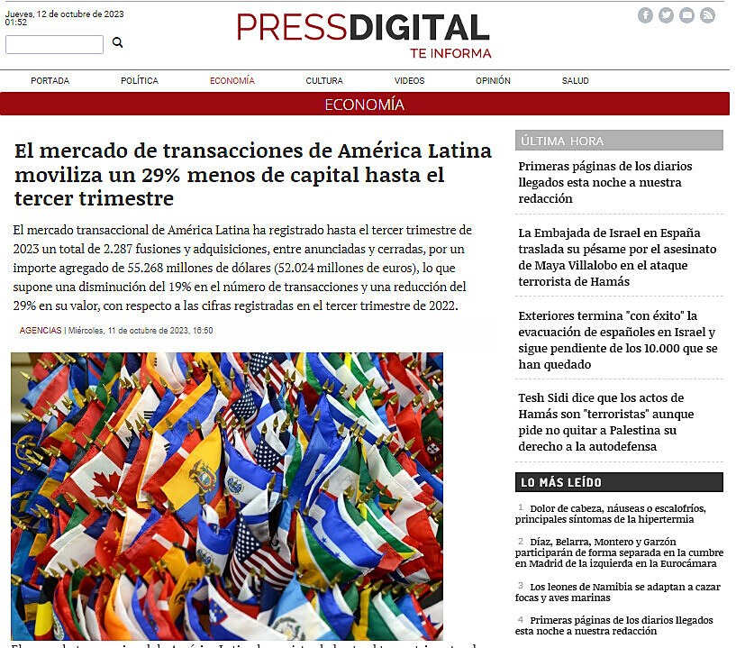 El mercado de transacciones de Amrica Latina moviliza un 29% menos de capital hasta el tercer trimestre